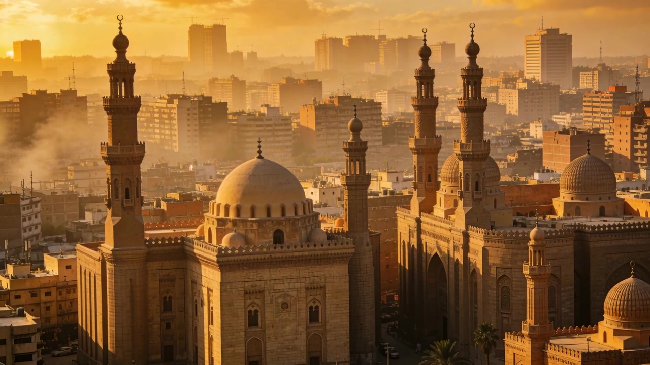 Drone che si allontana e panoramica a destra, rivelando la cupola e i minareti di una moschea sulla città all'alba, con il fumo che si dirada.