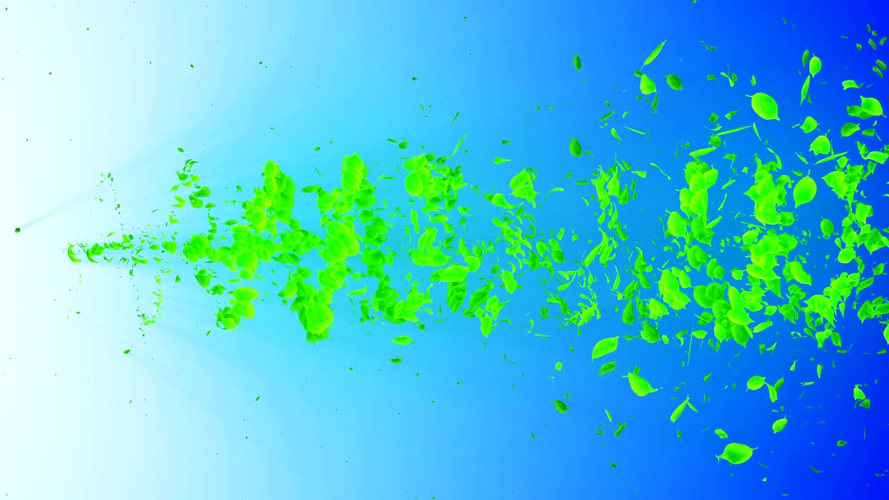 초록색 잎에서 나오는 소용돌이, 스피럴 모양의 반이는 계절 잎의 입자, 춤추는 잎, 다채로운 자연 터널 루프 애니메이션.