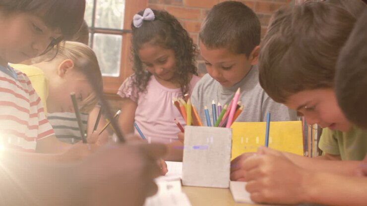 Animación de luz sobre alumnos diversos escribiendo en cuadernos