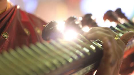 indian women playing 'veena' ancient musical instrument,  close-up