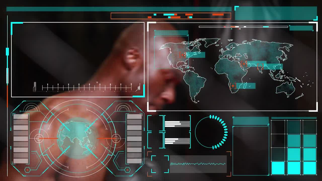 animación del procesamiento de datos en pantallas sobre un hombre afroamericano haciendo ejercicio
