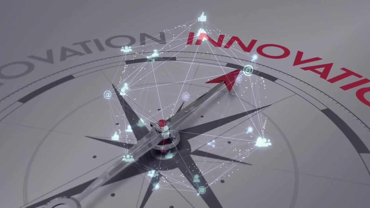 Glowing cyan points forming 3D network around dual-toned needle rotating toward innovation goal