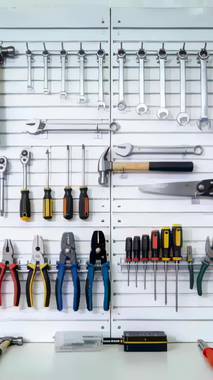 Vertical video: Panning camera across tool wall in garage at start showing combination wrenches