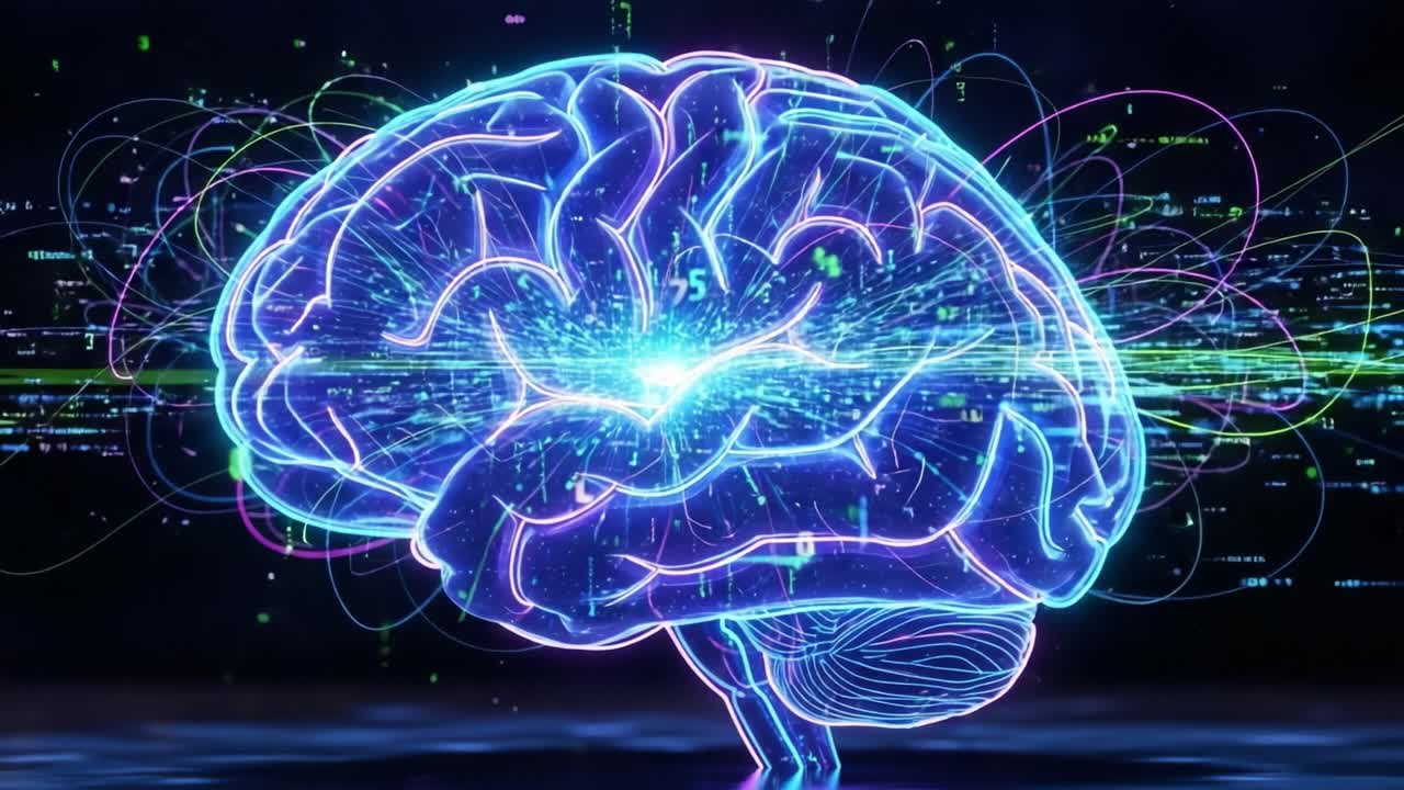 A Stunning Visualization of a Glowing Brain Interacting with Complex Data Streams and Vibrant Patterns, Illustrating the Interplay of Technology and Neurophysiology