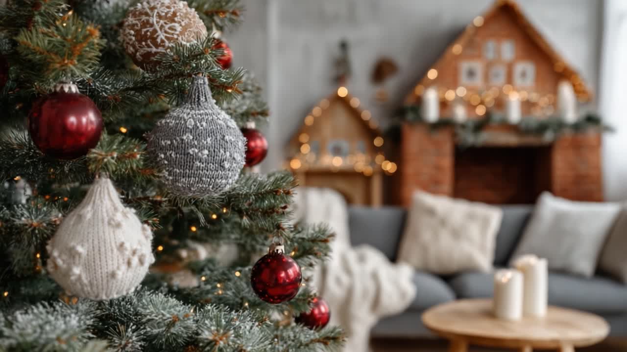 Warm and Cozy Christmas Scene Featuring a Beautifully Decorated Tree with Ornaments, a Fireplace, and Gingerbread Houses in a Welcoming Living Room Atmosphere