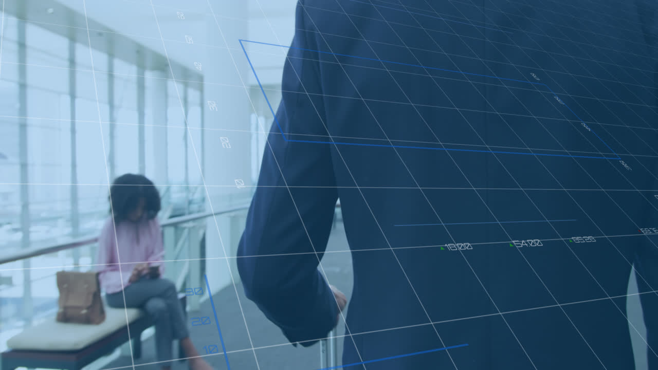 스마트폰을 사용하는 행복한 아프리카계 미국인 사업가에 대한 금융 데이터와 그래프의 애니메이션