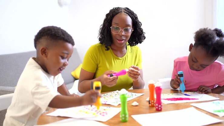 African American woman drawing with children
