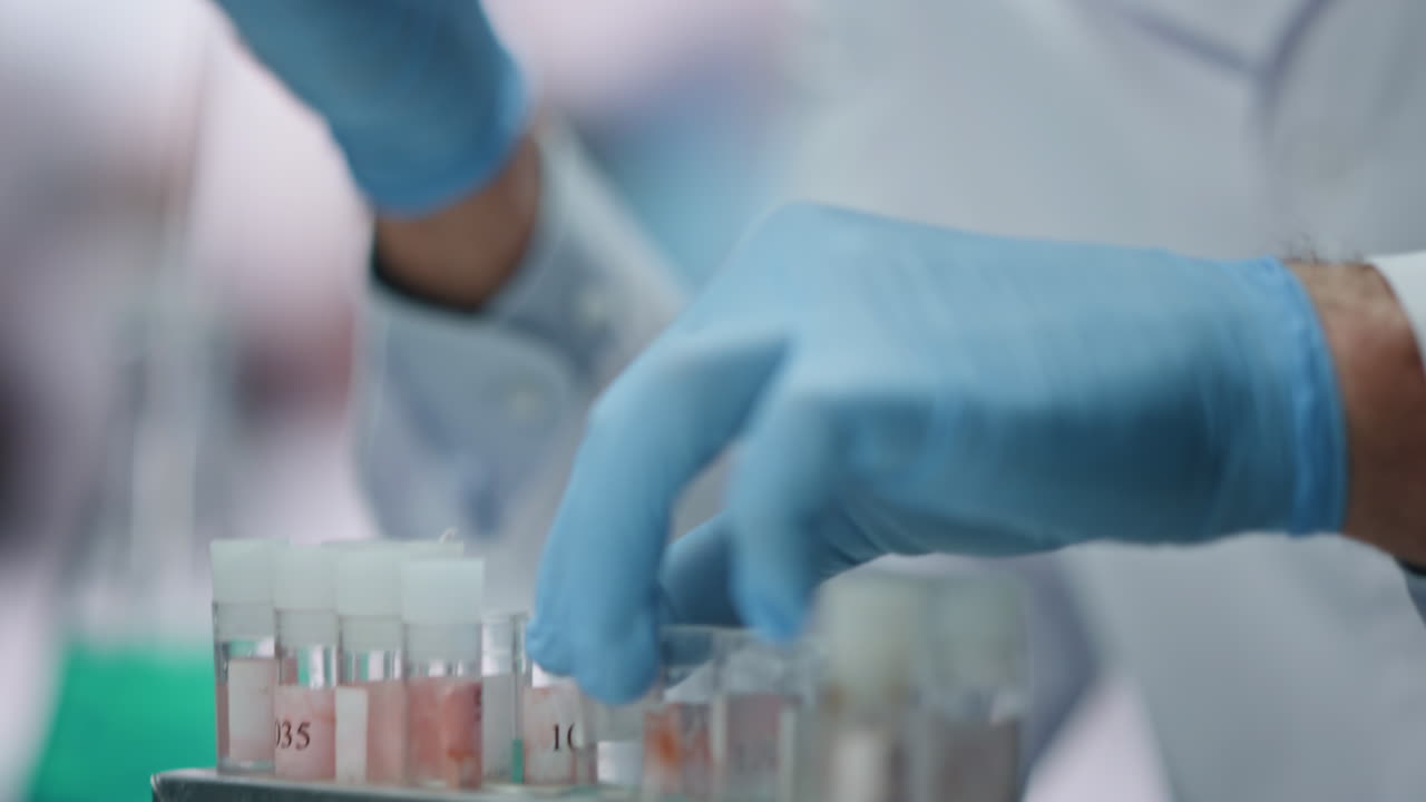 Clinic worker analyzing sample experimental substance in test tube close up.