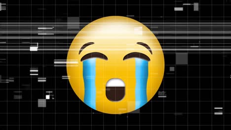 Digital-animation-of-tv-static-effect-over-crying-face-emoji-against-black-background