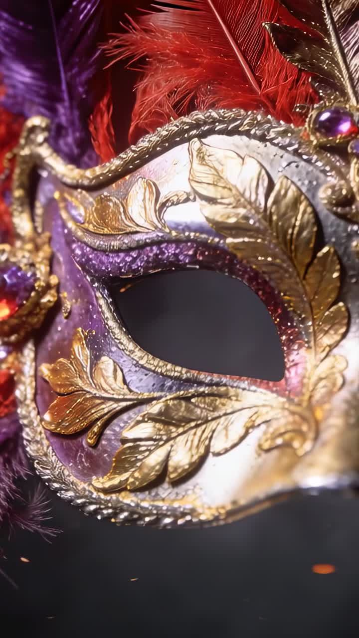 Video verticale: Telecamera in panning che rivela una maschera in uno studio buio per mostrare foglia d'oro e glitter viola