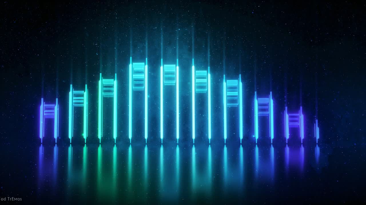 Animation starting showing visualizer bars pulsing across glossy floor displaying sound dynamics