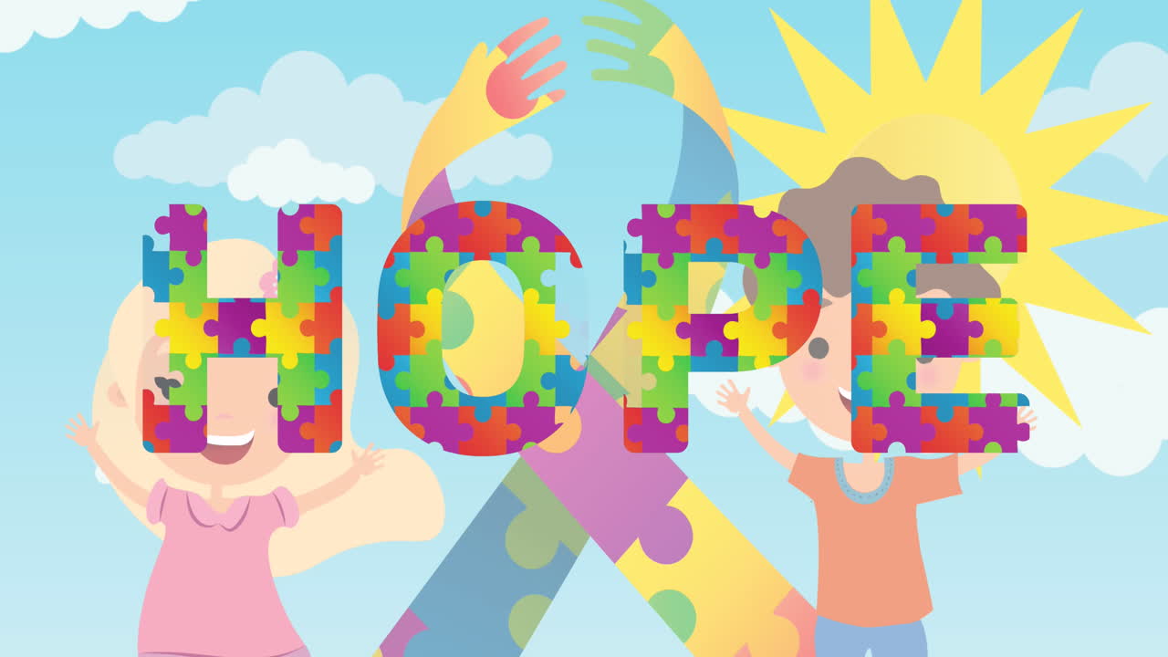 아이들과 하늘 위에 리본과 희망 텍스트를 형성하는 다채로운 퍼즐 조각의 애니메이션