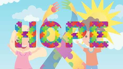 Animation of colourful puzzle pieces forming ribbon and hope text over children and sky