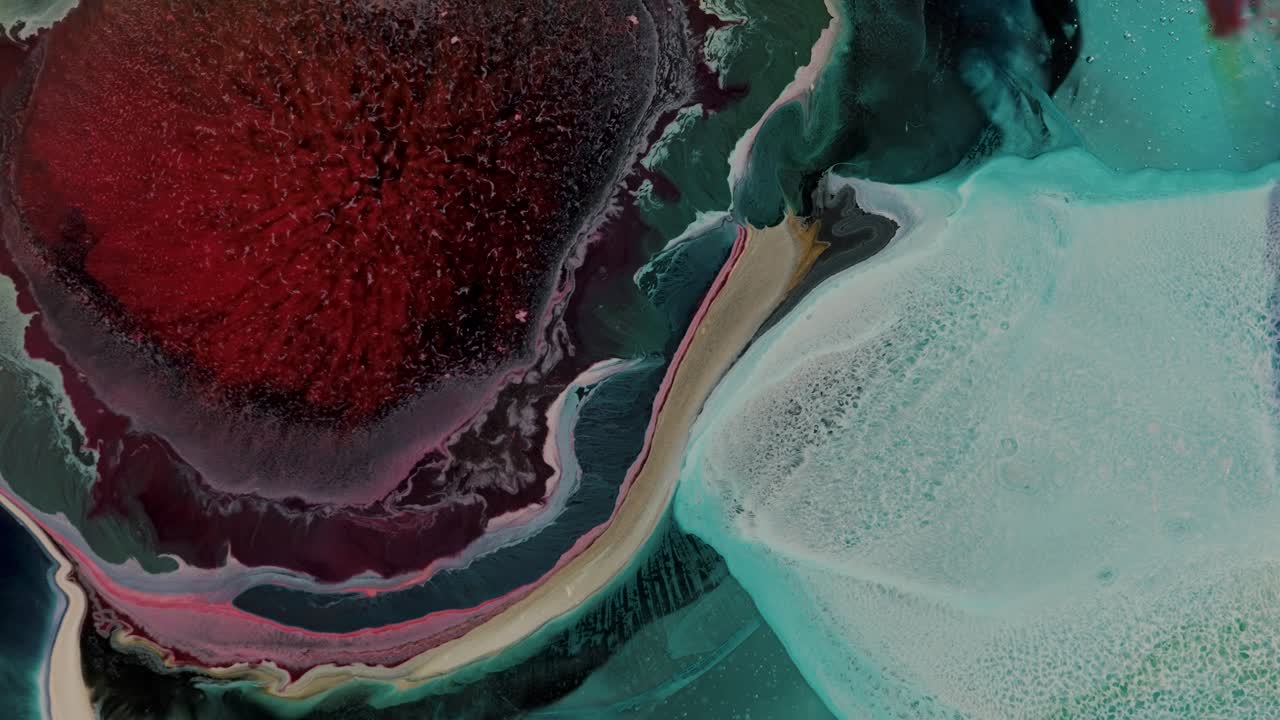 tinta roja rodeada de tinta turquesa, arte abstracto multicolor, pintura al óleo, fondo calmante, efecto de nebulosa de tinta