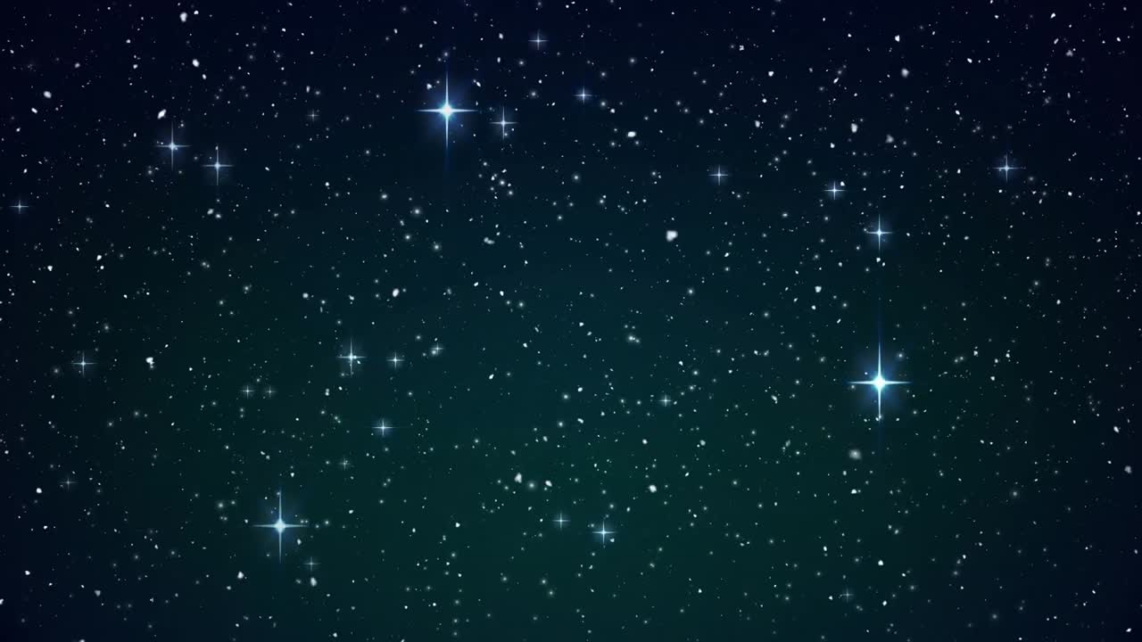 Snow falling over network of connections against shining stars on blue background