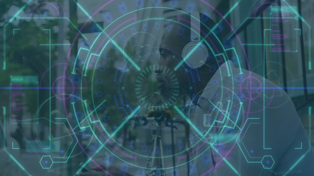 Animation of data processing and scope scanning over african amercian businessman