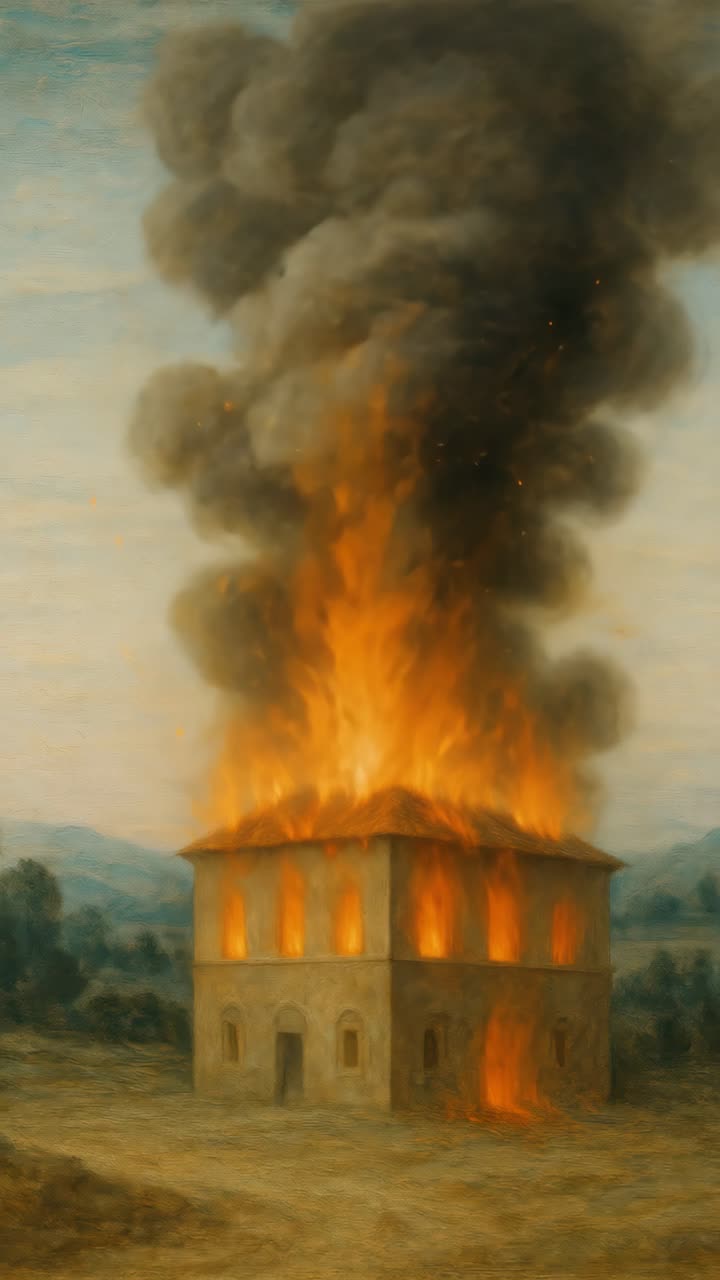Concept video drammatico di una casa avvolta dalle fiamme, ripreso da un'angolazione bassa