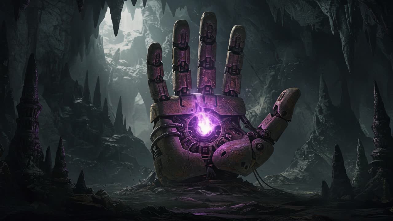 A Mysterious Robotic Hand Emerges from the Depths of an Ancient Cave, Pulsating with Energetic Light in a Dark, Atmospheric Environment