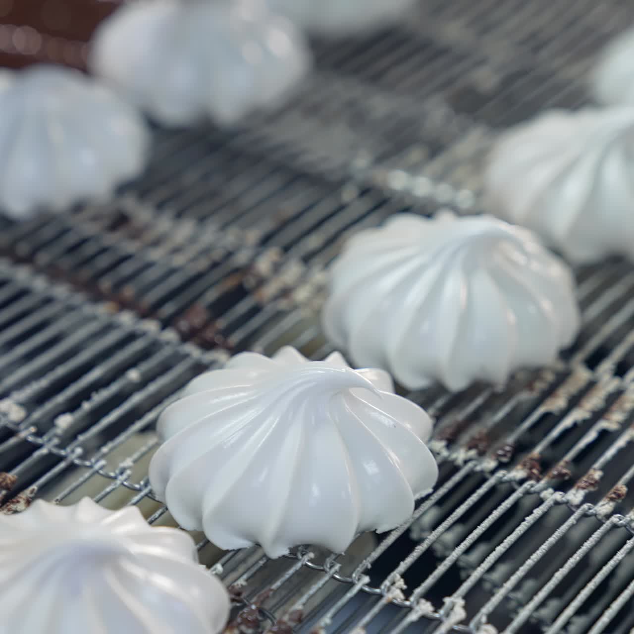 Marshmallow conveyor factory making. Industrial tasty sweet production