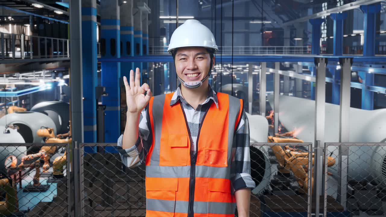 공장 노동자 가 ok 표지판 을 보이고 있다