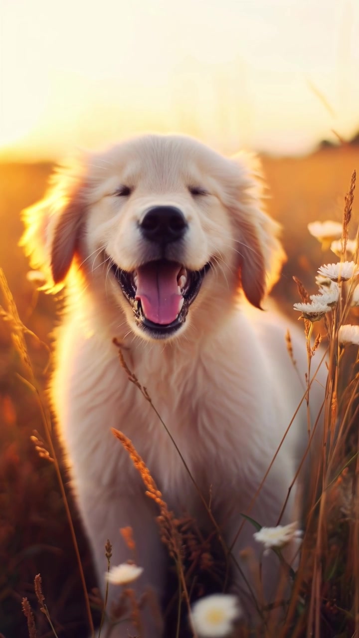 Cachorro de Golden Retriever feliz sonriendo en un campo al atardecer dorado