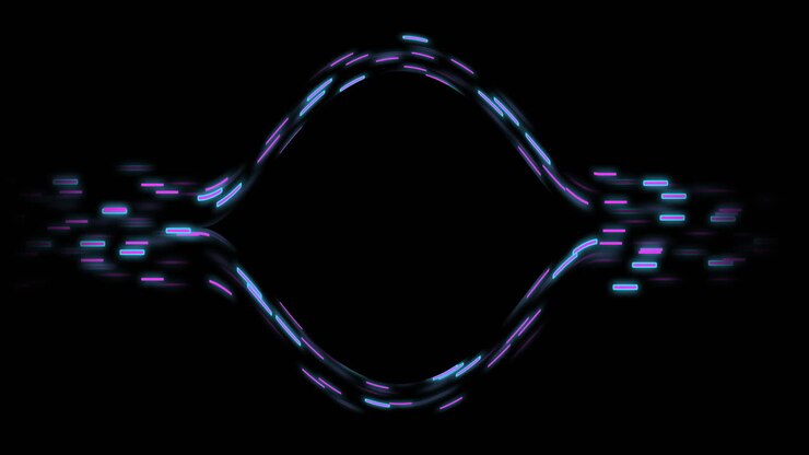 Animation of glowing light trails of data transfer moving on black background