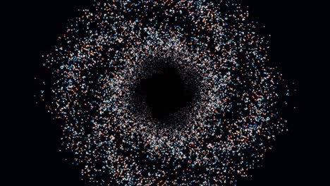 flowing spiral particle field, swirling dots on black background. animation. space and time concept, beautiful vortex formed by tiny flying dots.