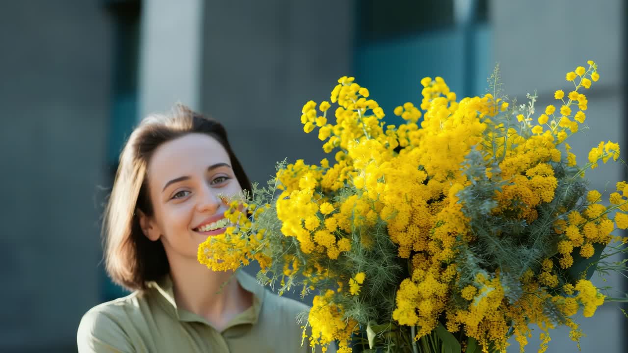 Young woman with short brown hair, wearing light green shirt, holding large bouquet of bright yellow mimosa flowers and radiating cheerful happiness while smiling warmly at camera