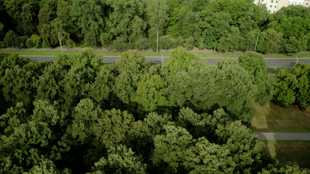 Top down aerial shots of green trees in the roadway and a raised camera view of Warsaw's panorama with characteristic buildings in the city center