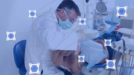 medical icons and network connections animation over dentist treating patient