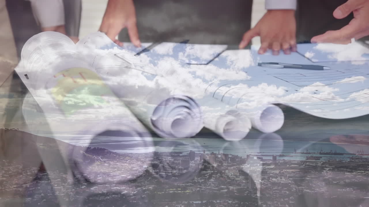 사무실에 있는 다양한 사업가들에 대한 도시 풍경의 애니메이션