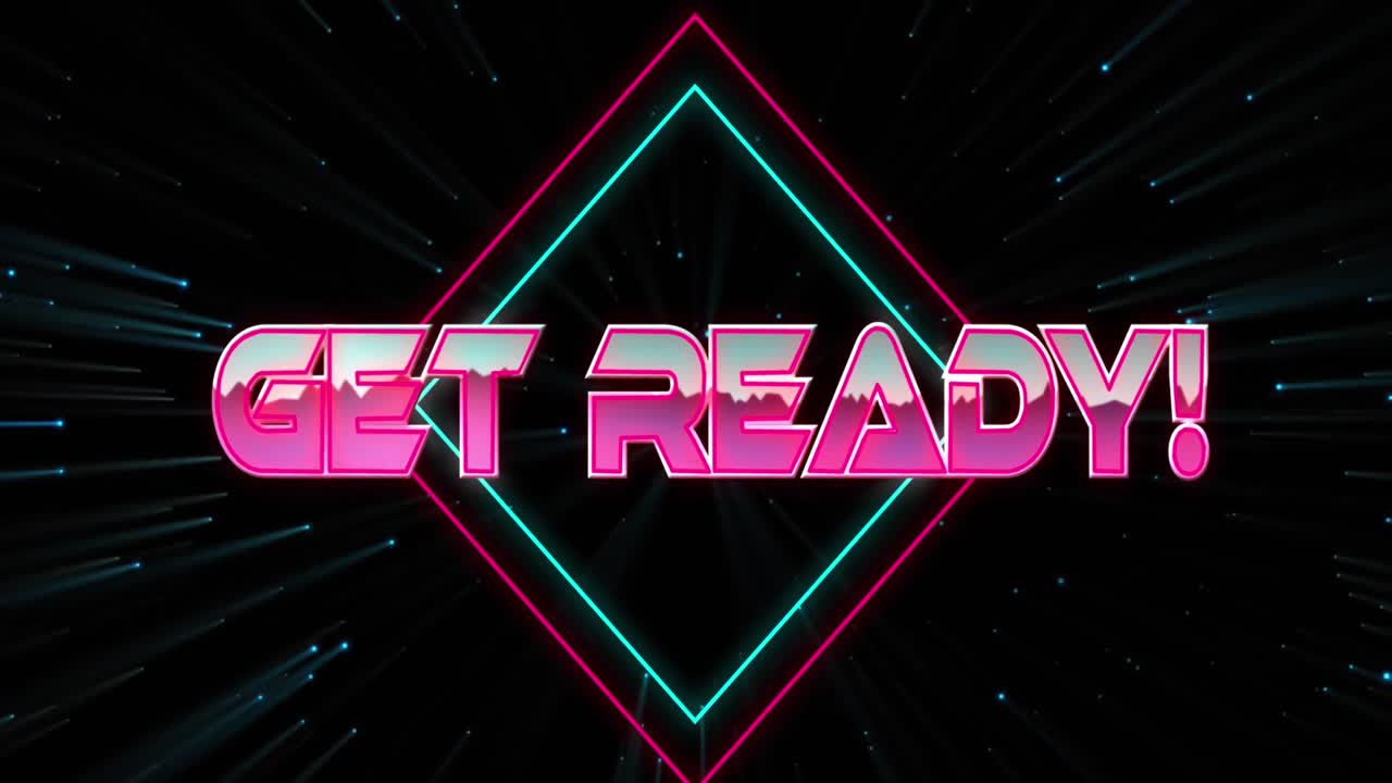 Animation of illuminated get ready text and illuminated squares over blue firework exploding