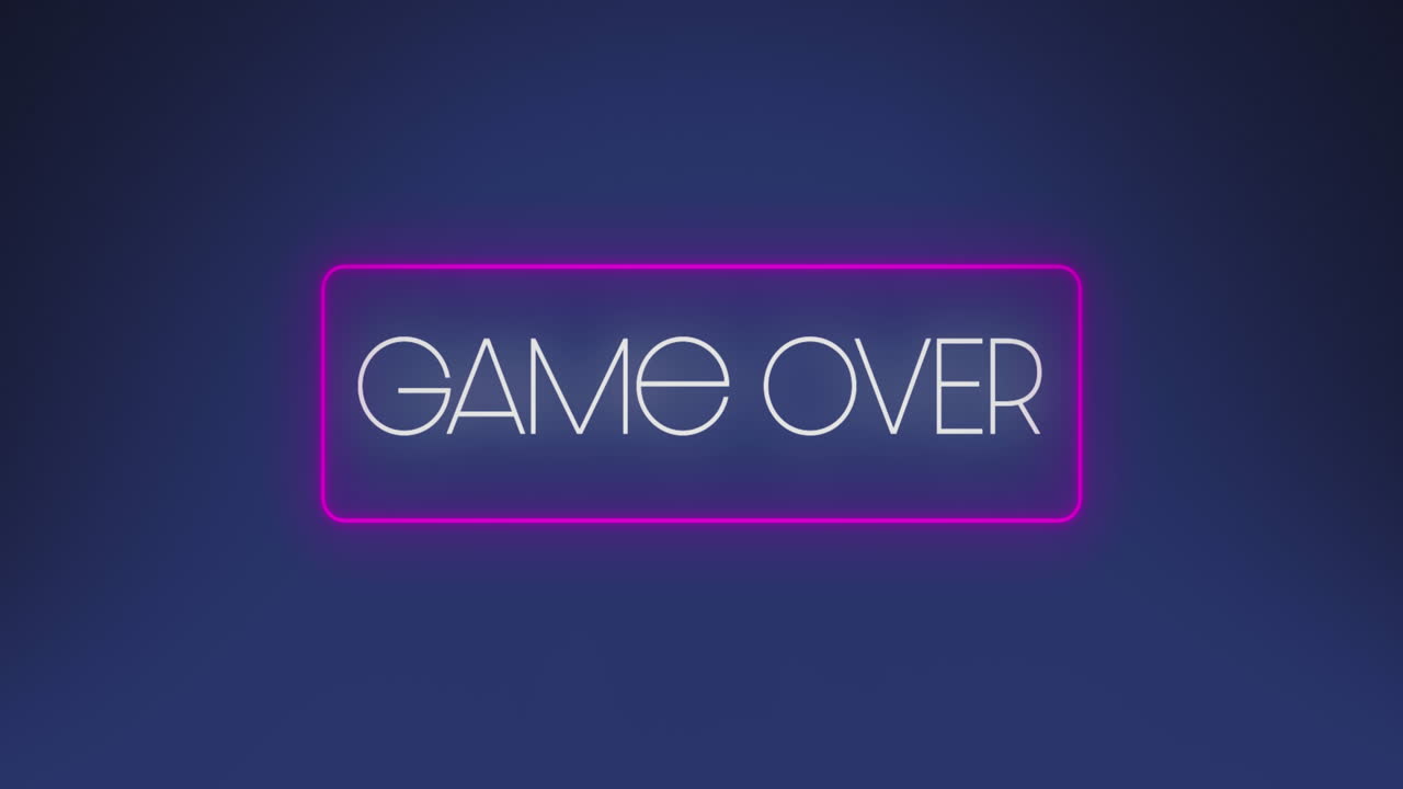 Animation of game over text over neon banner against blue background