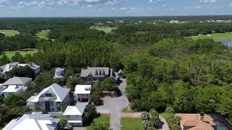 white seaside and luxury town homes among dense green forest on a wide and row layout, 30a, florida, usa