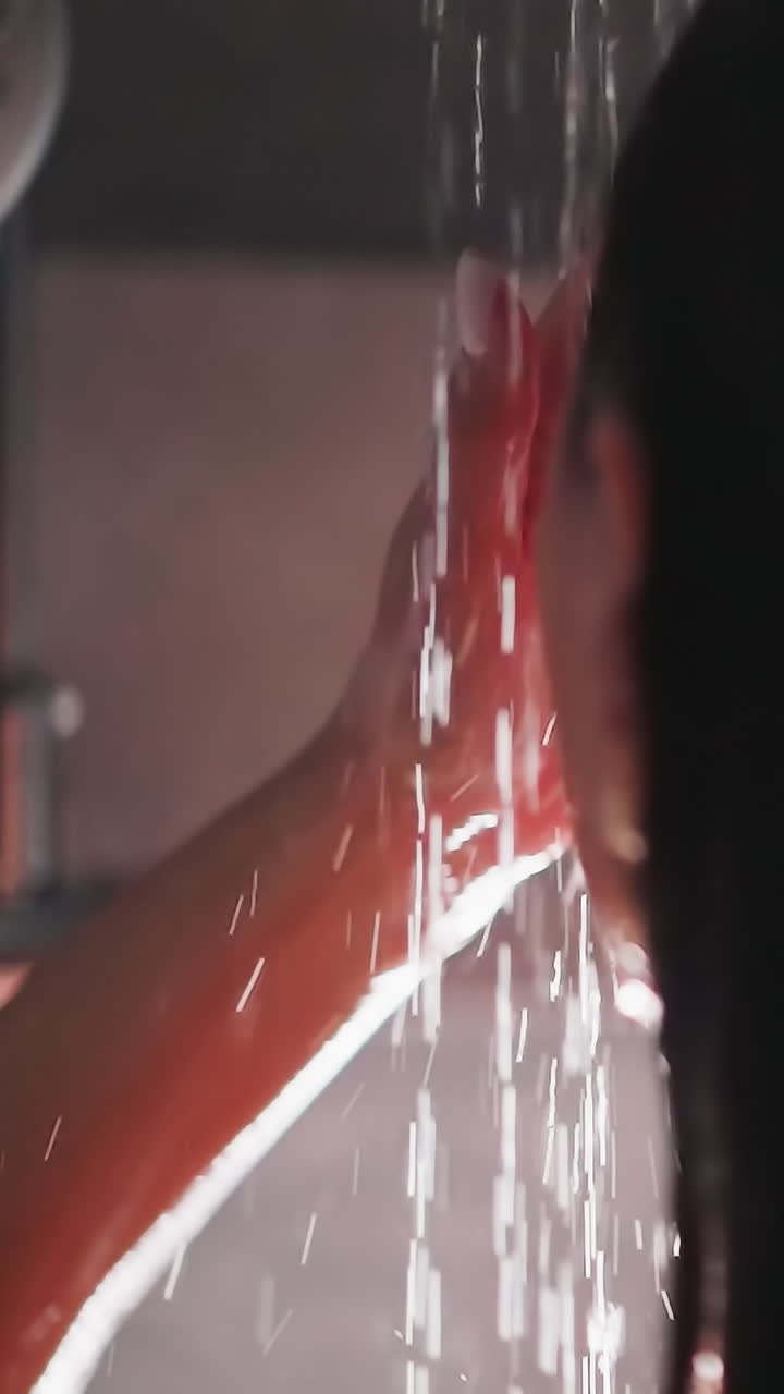 mujer con el cabello mojado en chorros de ducha de primer plano. dama de cabello oscuro golpea la cabeza lavando el cuerpo en el baño. procedimientos higiénicos y de lavado corporal de rutina