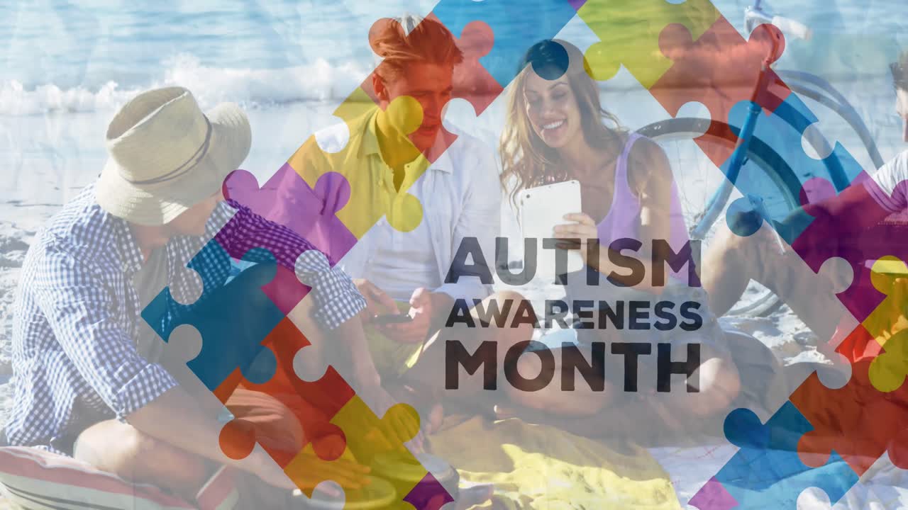 여름 해변 파티에서 행복한 친구들 위에 다채로운 퍼즐 조각과 자폐증 텍스트의 애니메이션