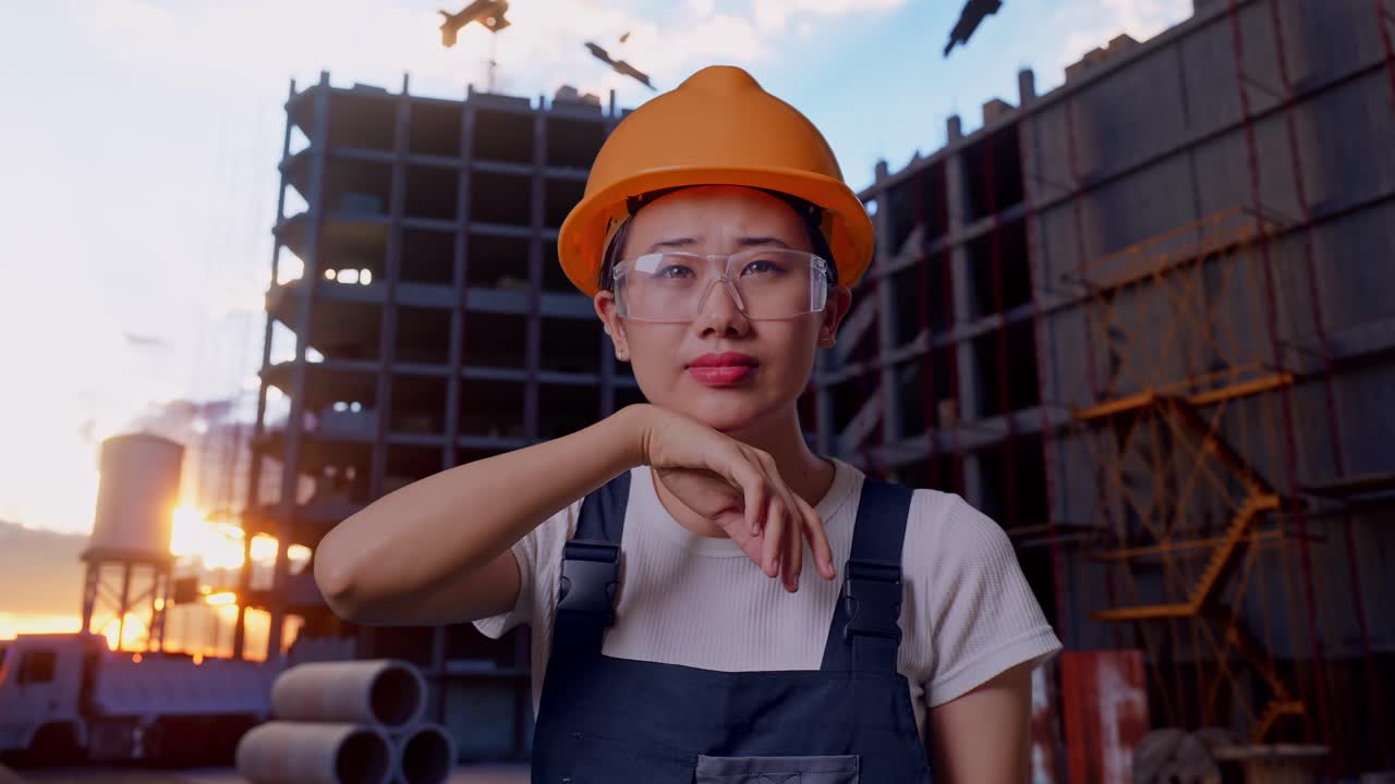 Close Up Of Asian Woman Worker Wearing Goggles And Safety Helmet Wiping The Sweat And Being Tired While Standing At Construction Site