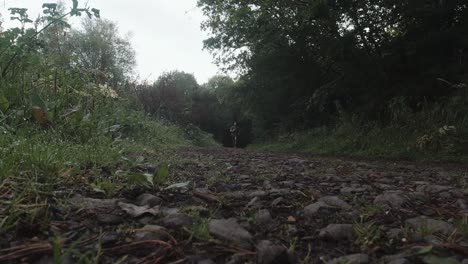 runner jogs towards camera in slow motion with stones and trees