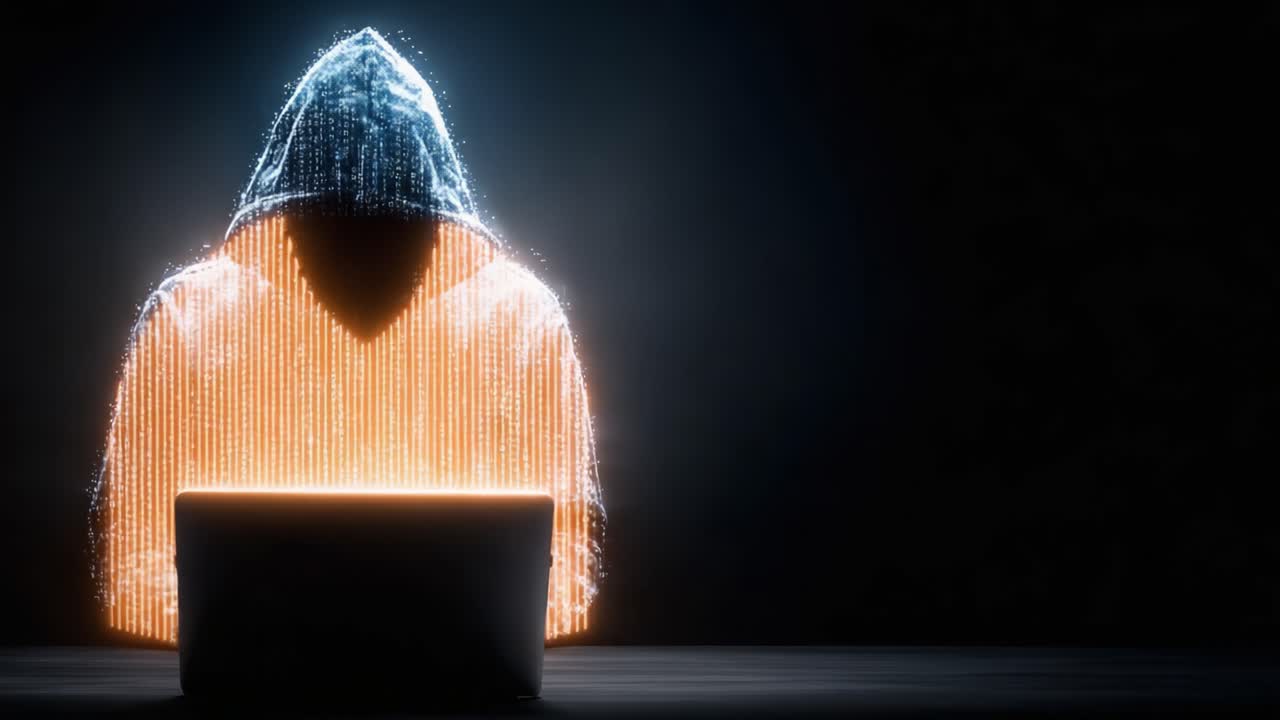 Una figura misteriosa con una felpa con cappuccio siede davanti a un laptop luminoso, circondata da flussi digitali di luce, che rappresenta l'essenza dell'attività informatica e della tecnologia in uno spazio oscurato.