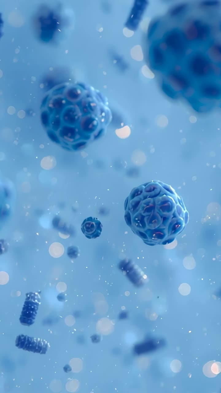 Vertical video: Focusing on patterned blue spheres drifting in fluid, with glowing rods and specks