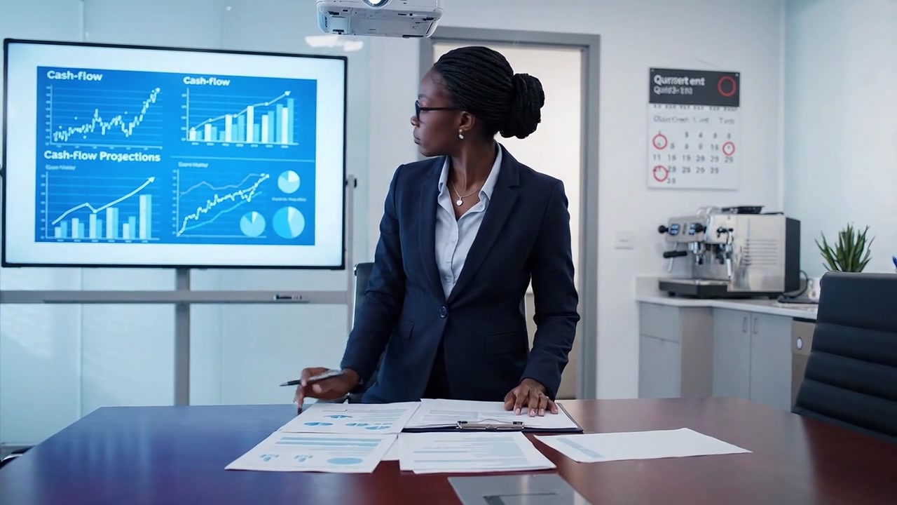 Business Analysis Presentation: A Professional Woman Prepares Reports and Graphs in a Modern Office Using Visual Data Displays for Cash Flow Projections