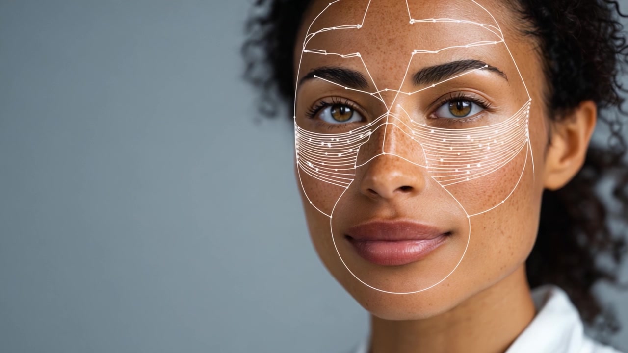 Facial Analysis Combining Technology and Expression: A Close-up View of a Woman's Face with Digital Lines Representing Facial Features and Expressions