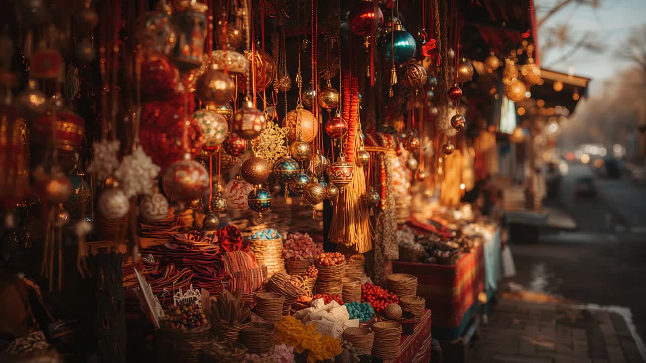 Tracking camera panning across market stall, showing metallic baubles tassels ornaments, copy space