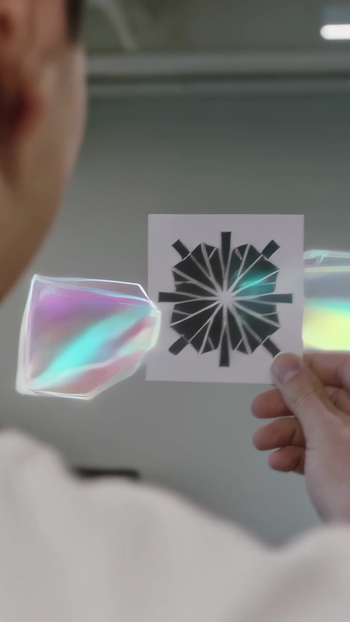 Vertical video: Holding man in light tee displaying radial card at studio iridescent film appearing