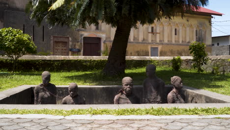 slave memorial sculpture in stone town, zanzibar, africa, zooming shot