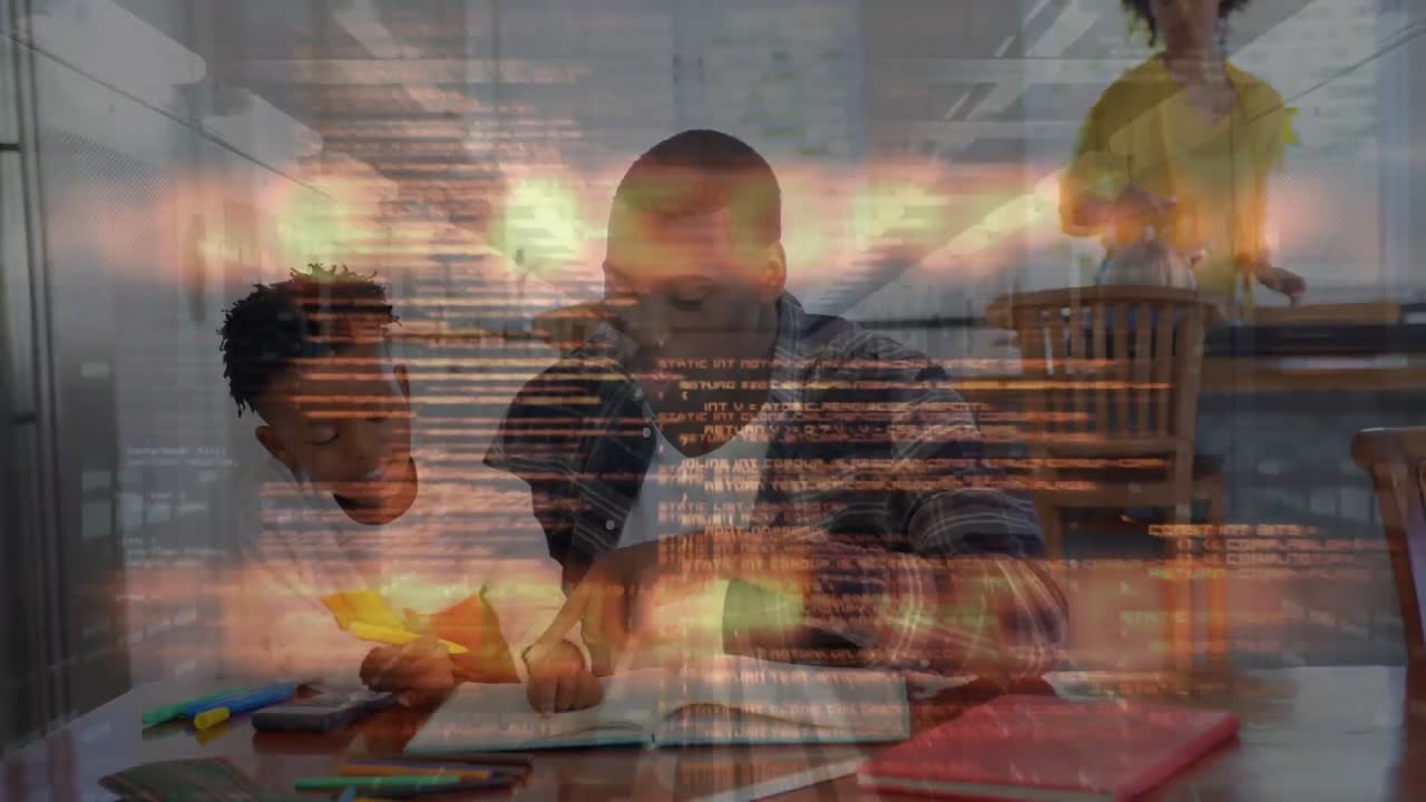 Animation of data processing over african american father with son reading
