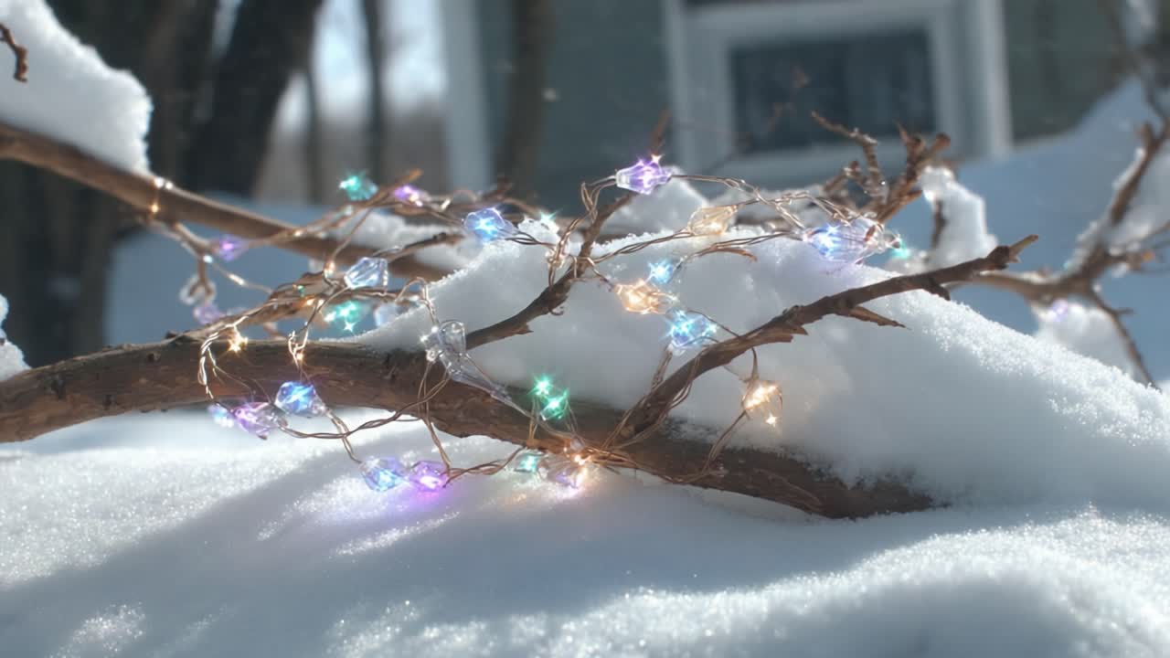 A Charming Display of Colorful Twinkling Lights Draped Over a Snowy Branch, Capturing the Magic of Winter's Beauty in a Serene Natural Setting