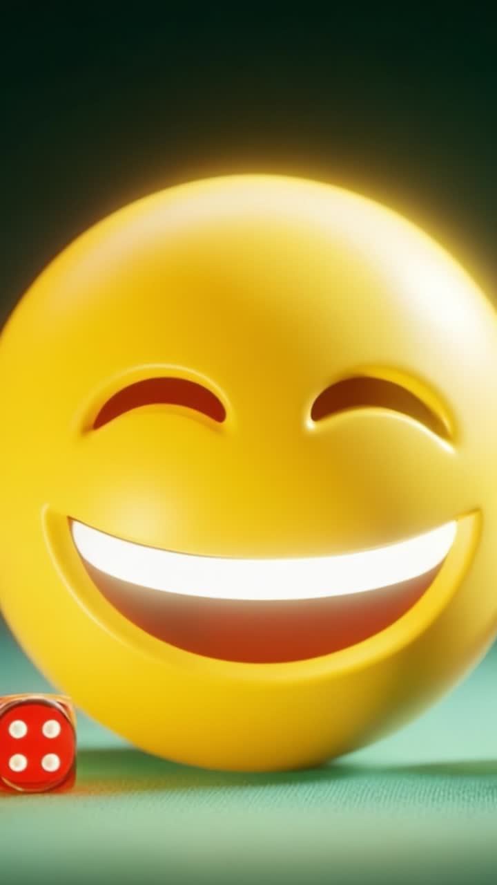 Una faccina sorridente gioiosa con espressione radiosa e dadi che mostra felicità e divertimento, incarnando l'essenza della giocosità e dell'eccitazione in un ambiente vivace.
