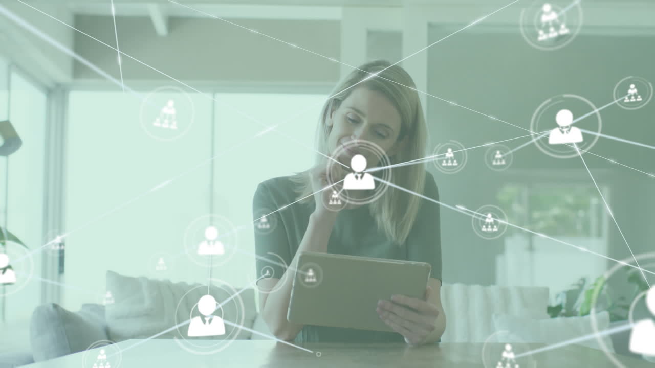 animación de una red de conexiones con iconos sobre una mujer caucásica usando una tableta