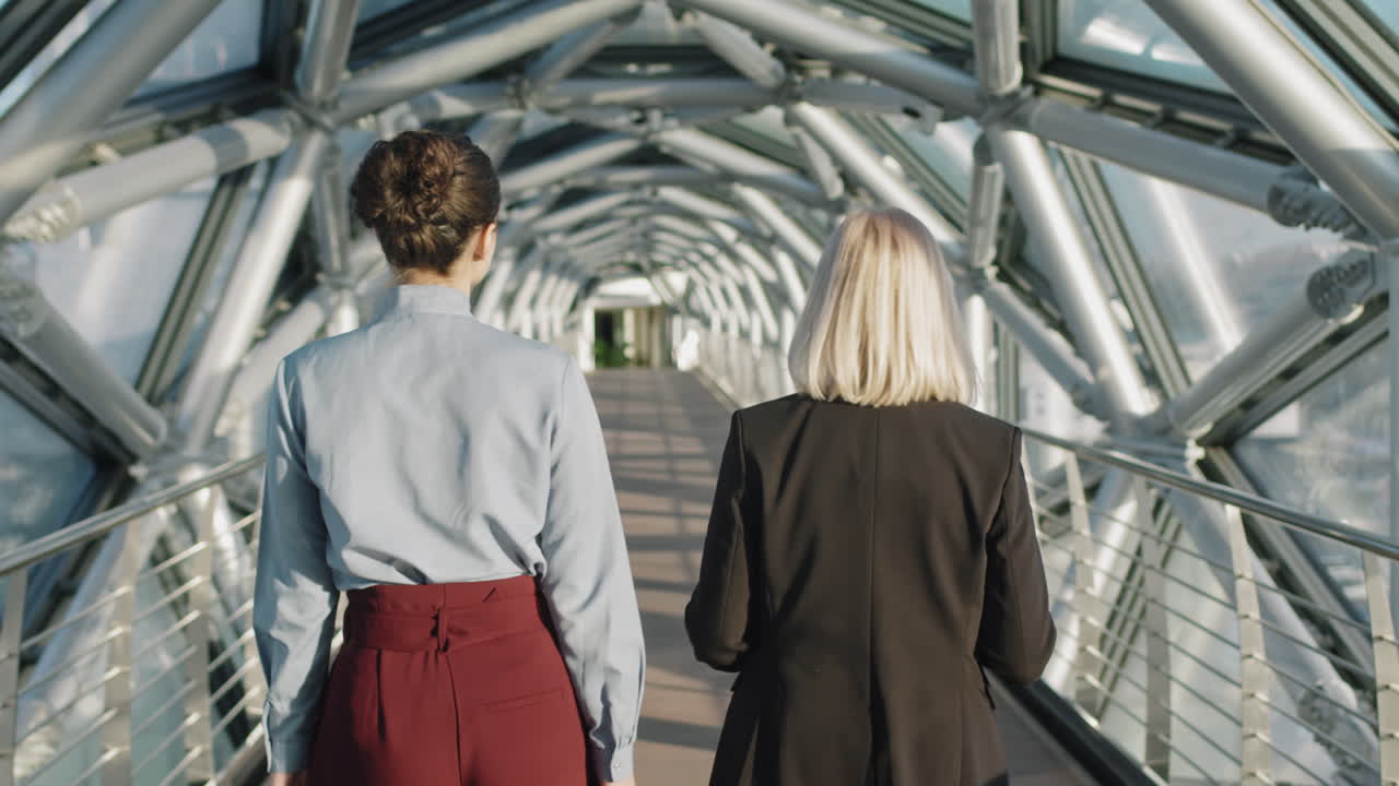 Successful Business Women Walking Along Glass Bridge